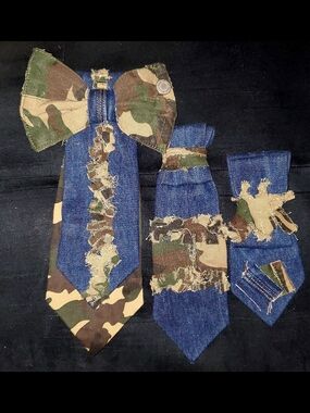 Denim & Camo Patch Necktie Set - Blue and Green